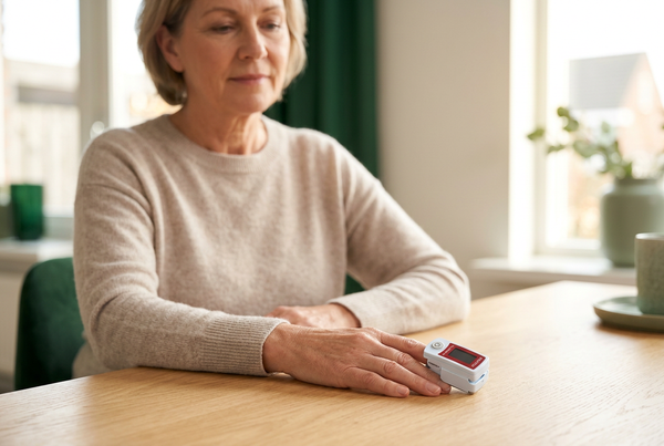 Vrouw meet thuis haar zuurstofsaturatie met een Rossmax SB210 vingerpulsoximeter.