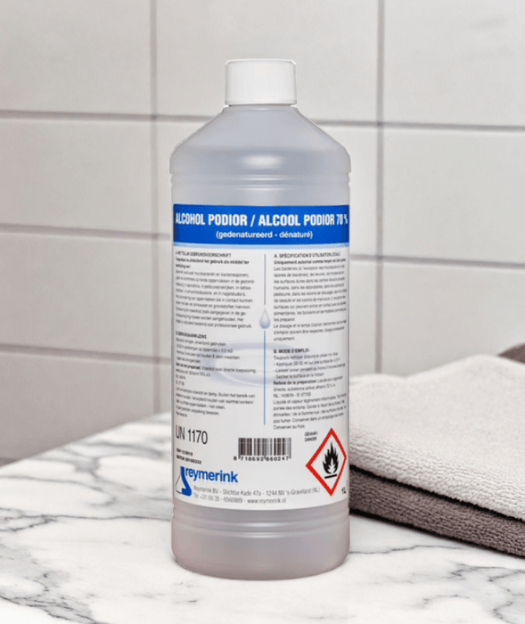 Alcohol 70% Podior - 1 Liter. Alcohol 70 procent wordt gebruikt om de huid te reinigen, instrumenten te desinfecteren en oppervlakken mee schoon te maken.