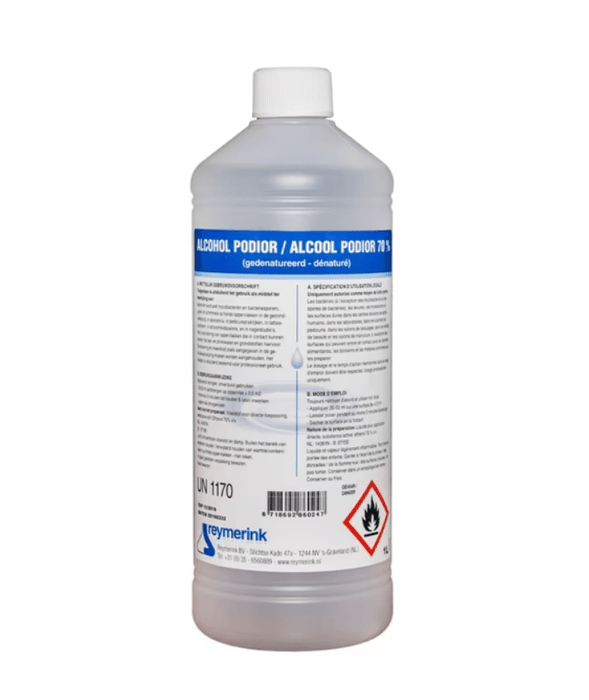 Alcohol 70% Podior - 1 Liter. Alcohol 70 procent wordt gebruikt om de huid te reinigen, instrumenten te desinfecteren en oppervlakken mee schoon te maken.