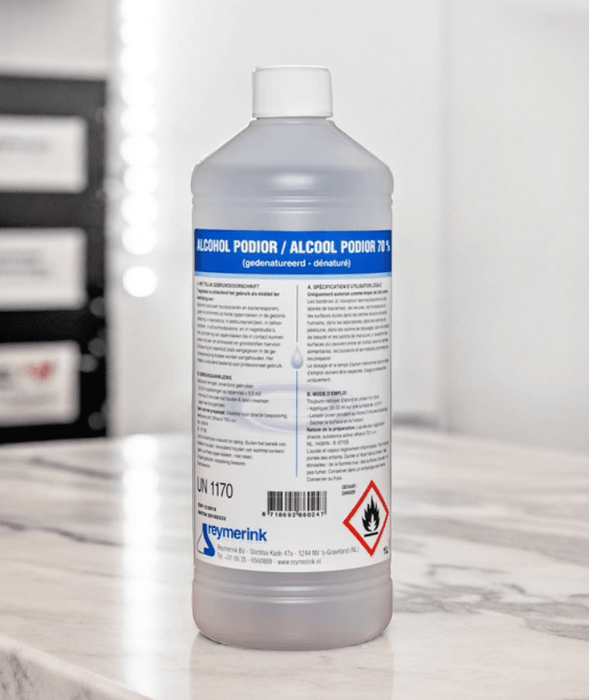 Alcohol 70% Podior - 1 Liter. Alcohol 70 procent wordt gebruikt om de huid te reinigen, instrumenten te desinfecteren en oppervlakken mee schoon te maken.