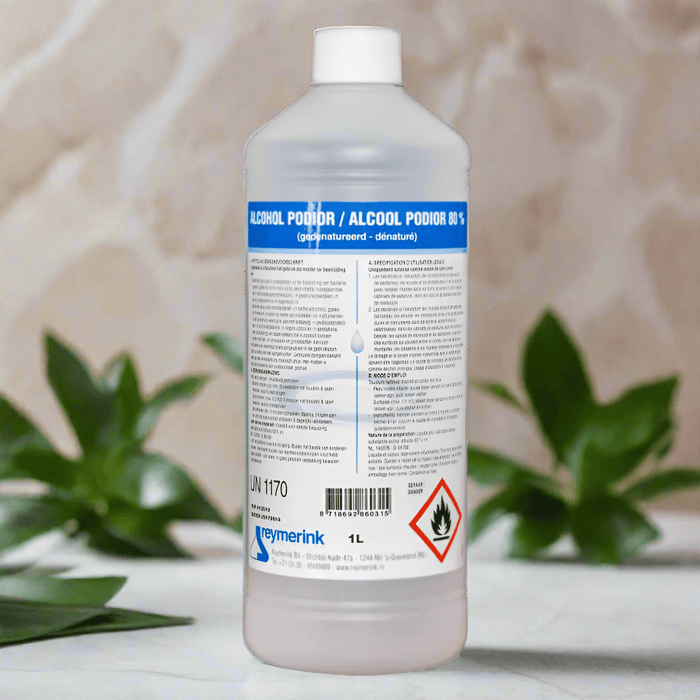 Alcohol 80% Podior 1 liter fles. Desinfectiemiddel voor huid, instrumenten en oppervlakken. Voor professioneel gebruik in zorg, salon of praktijk.