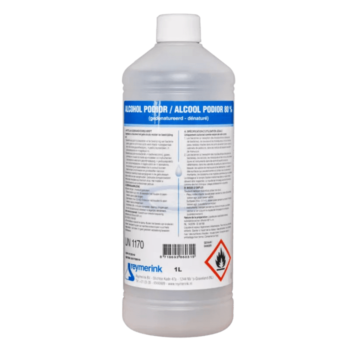 Alcohol 80% Podior 1 liter fles. Desinfectiemiddel voor huid, instrumenten en oppervlakken. Voor professioneel gebruik in zorg, salon of praktijk.