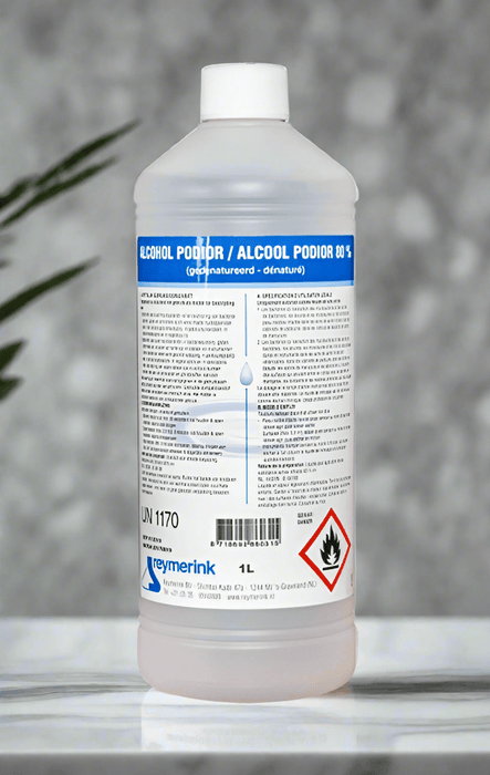Alcohol 80% Podior 1 liter fles. Desinfectiemiddel voor huid, instrumenten en oppervlakken. Voor professioneel gebruik in zorg, salon of praktijk.