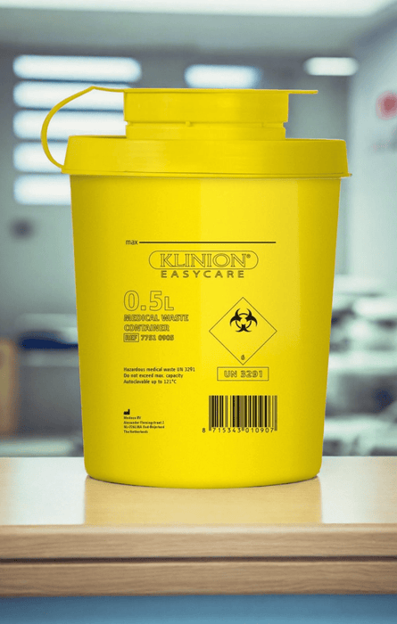 Klinion Easy Care Naaldcontainer 0.5 Liter. Compacte en veilige oplossing voor medisch afval.