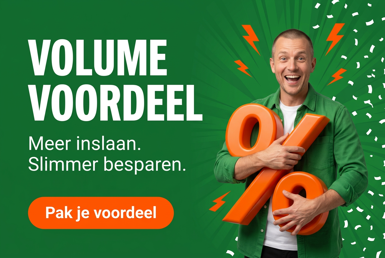 Liggende Volumevoordeel-banner met man, groot oranje procentteken en knop Pak je voordeel