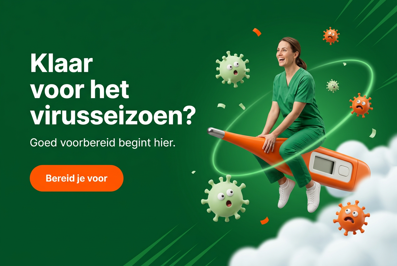 Nieuwe virusseizoen-banner met een zorgprofessional op een gigantische thermometer-raket tussen verbaasde cartoonvirussen