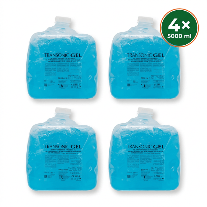 Transonic blauwe ultrasoundgel flatlay met 4× 5000 ml-badge