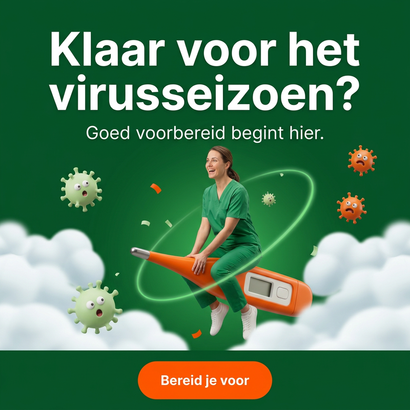 Vierkante virusseizoen-banner met de zorgprofessional op een thermometer-raket