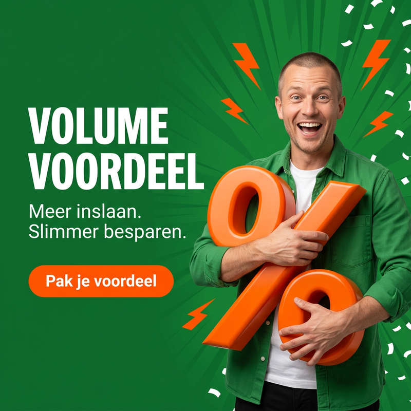 Vierkante Volumevoordeel-banner met een enthousiaste man en een gigantisch oranje procentteken