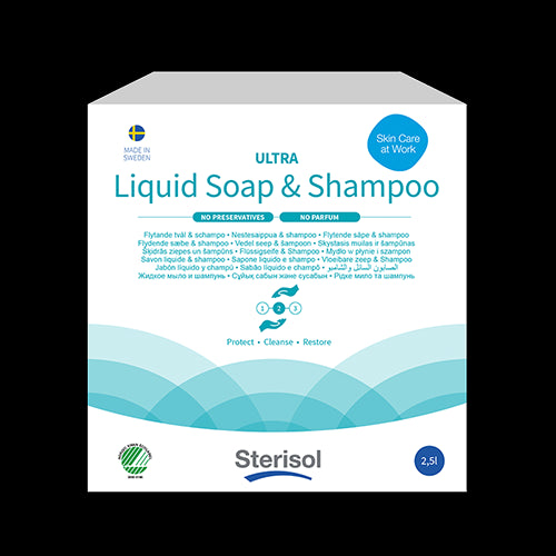 Sterisol ULTRA Flüssigseife und Shampoo, 2,5 l, parfümfrei, hypoallergen